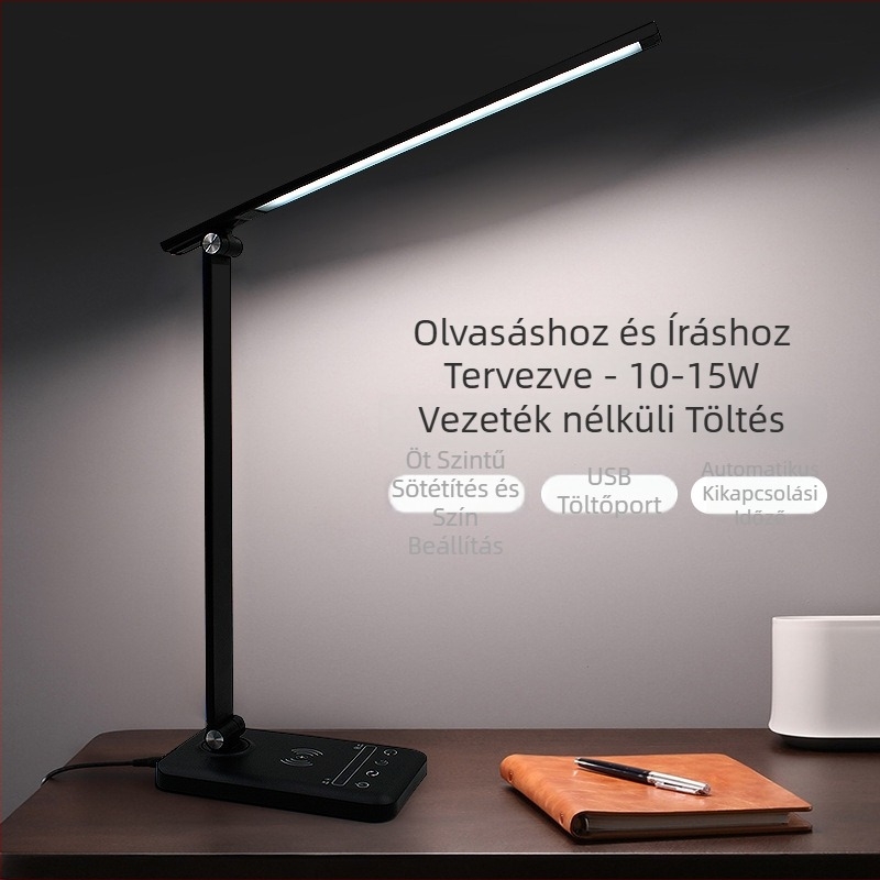 Asztali lámpa szemkímélő LED-del, vezeték nélküli töltés, érintéses kapcsoló, USB tápellátás, alumínium árnyékoló