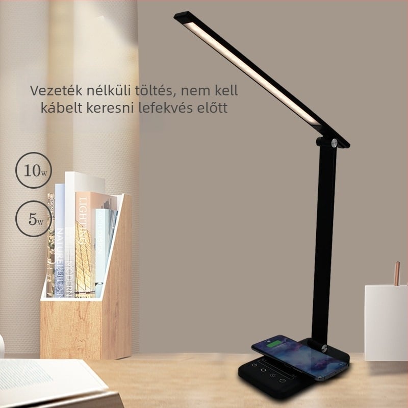 Asztali lámpa szemkímélő LED-del, vezeték nélküli töltés, érintéses kapcsoló, USB tápellátás, alumínium árnyékoló