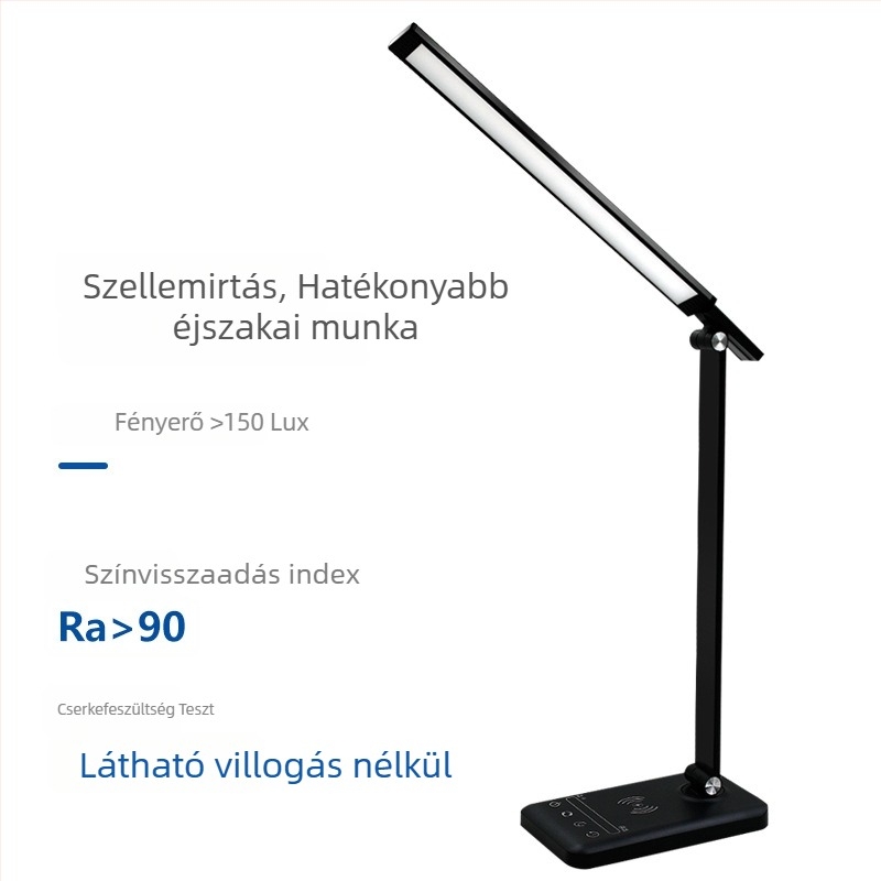 Asztali lámpa szemkímélő LED-del, vezeték nélküli töltés, érintéses kapcsoló, USB tápellátás, alumínium árnyékoló