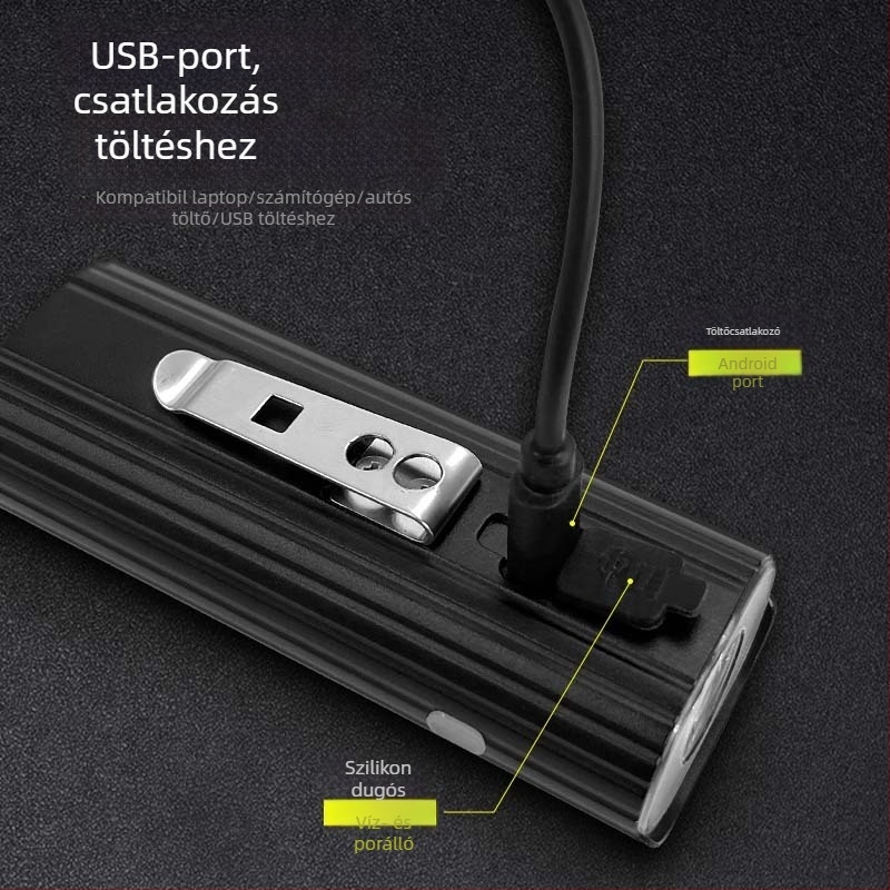 Kerékpár első lámpa — alumíniumötvözet, USB-töltés, IPX5 vízálló, öt világítási mód