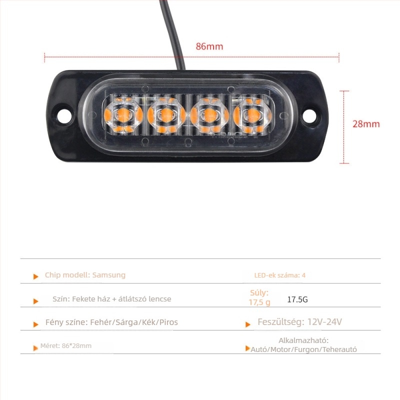 Oldal LED-es figyelmeztető fény autóhoz, 4W, ultra vékony, 12–24V, menetjelző és oldalsó jelzőfény