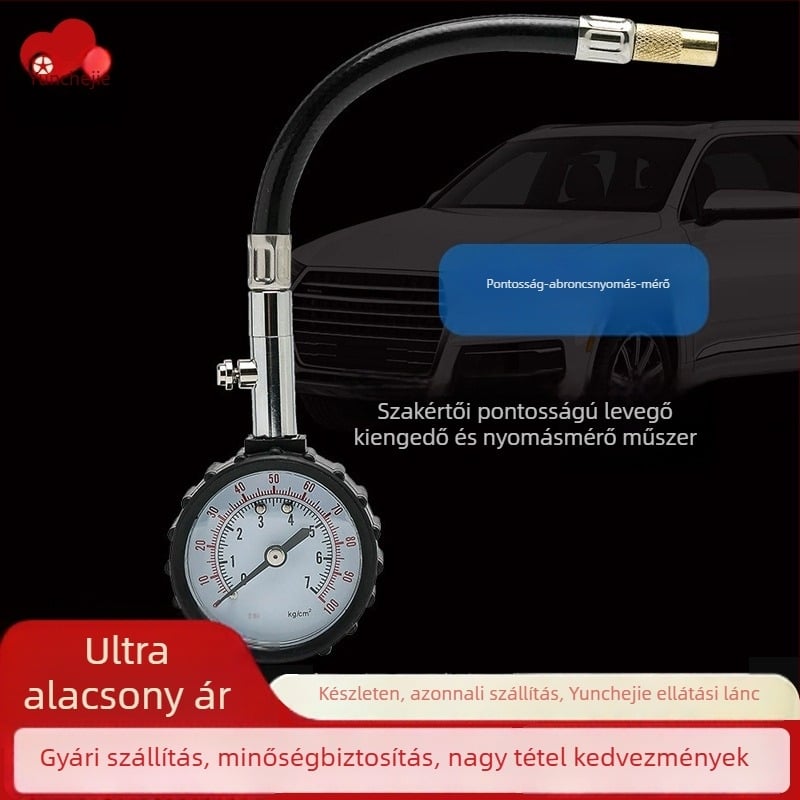Mechanikus autó gumi nyomásmérő hosszú tömlővel és deflációs funkcióval, rozsdamentes acél, 0-500 psi
