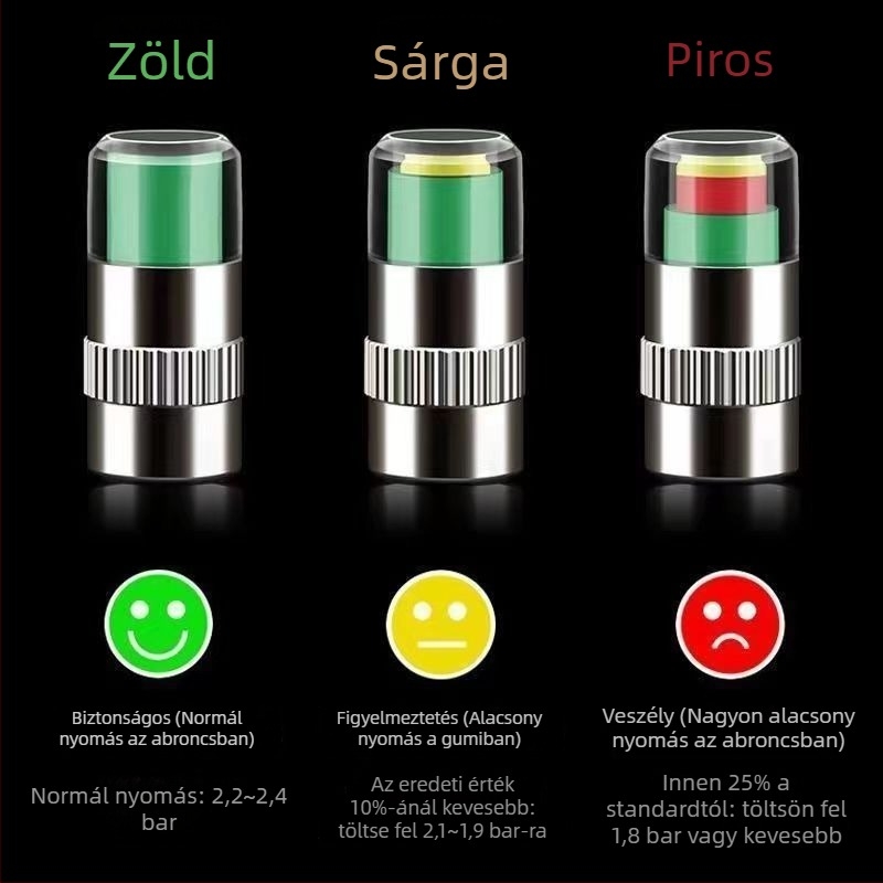 Fém szelepsapka guminyomás-figyelő készülék, mechanikus mérőfej, kompakt kivitel, analóg kijelző, normál pontosság