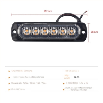 Autóipari LED6 ultra vékony oldalsó figyelmeztető fény, 12-24V, 12W, 2835 LED, Bd-6led modell, élettartam 5000 óra