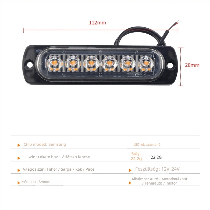 Autóipari LED6 ultra vékony oldalsó figyelmeztető fény, 12-24V, 12W, 2835 LED, Bd-6led modell, élettartam 5000 óra