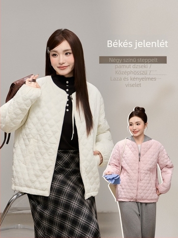 Koreai stílusú téli kabát kerek nyakkal, quiltelt pamut töltettel, laza szabás