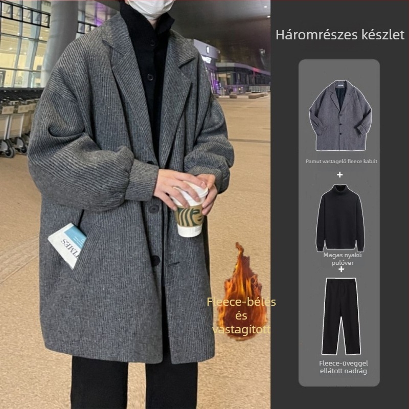 Férfi gyapjúkabát, Hongkong-stílus, rövid fazon, egysoros záródás, öltöny gallér, nyúl szőrmés anyag