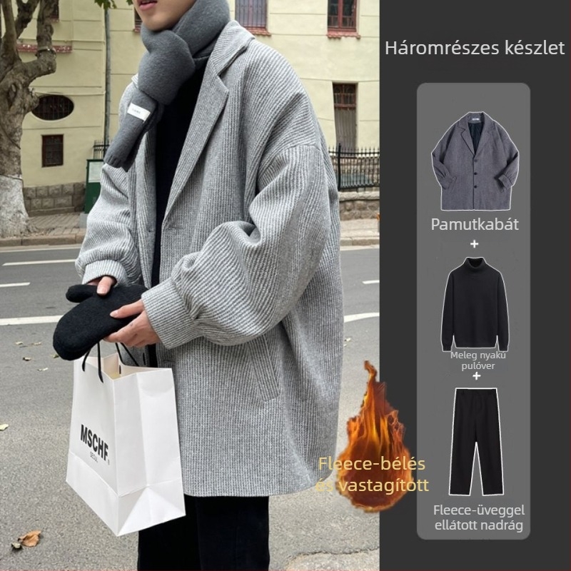 Férfi gyapjúkabát, Hongkong-stílus, rövid fazon, egysoros záródás, öltöny gallér, nyúl szőrmés anyag