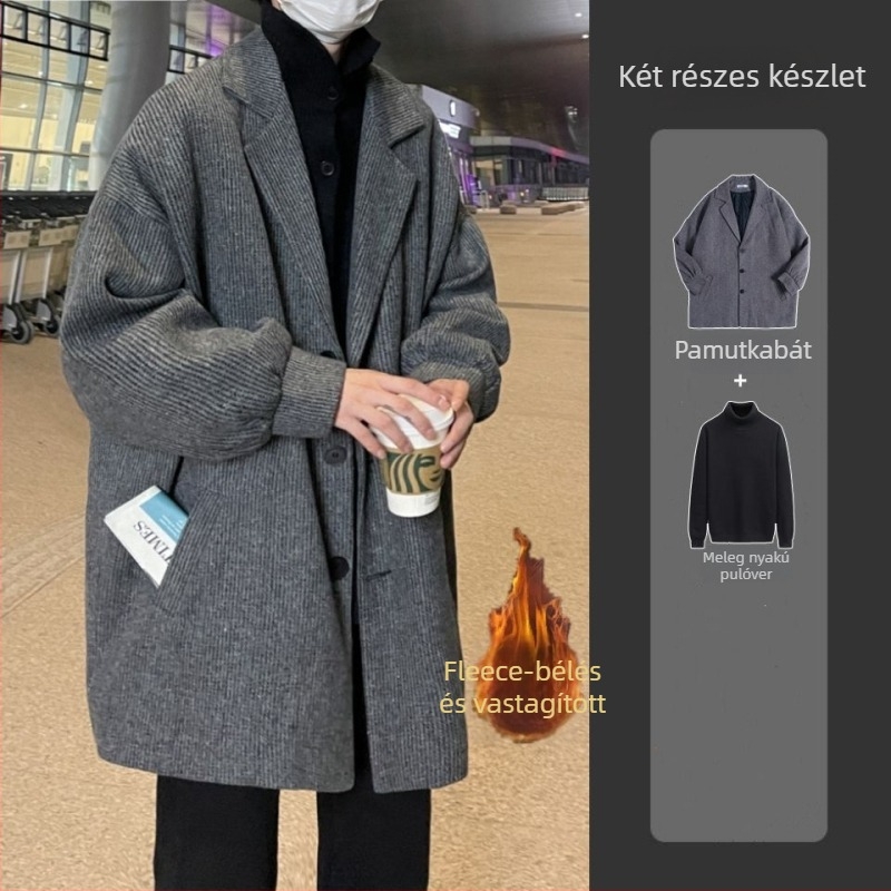 Férfi gyapjúkabát, Hongkong-stílus, rövid fazon, egysoros záródás, öltöny gallér, nyúl szőrmés anyag