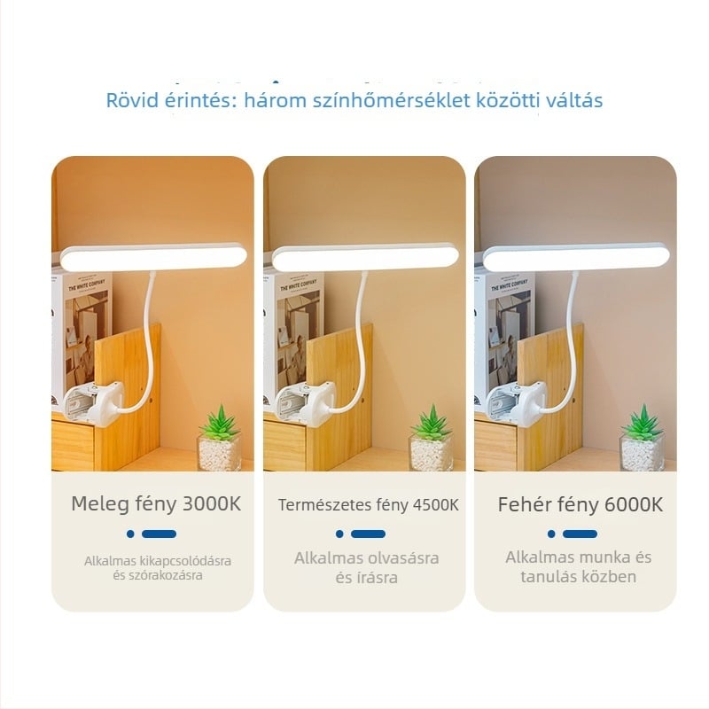 Klip-on LED olvasólámpa éjjeliszekrényhez, szemvédővel, beépített Li-ion akkumulátor, érintéses kapcsoló, 7W