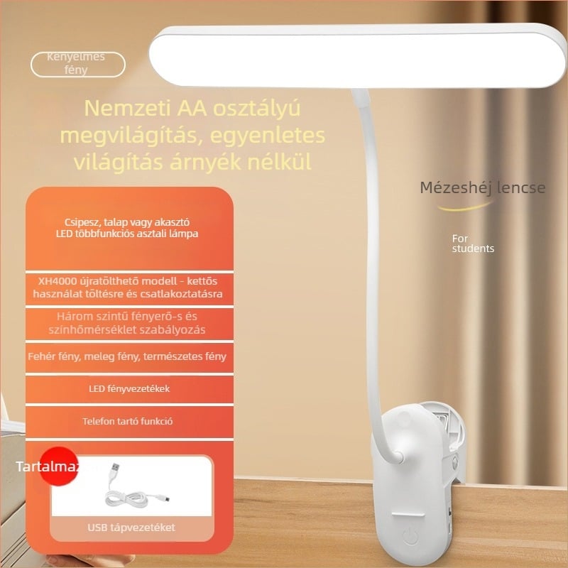 Klip-on LED olvasólámpa éjjeliszekrényhez, szemvédővel, beépített Li-ion akkumulátor, érintéses kapcsoló, 7W