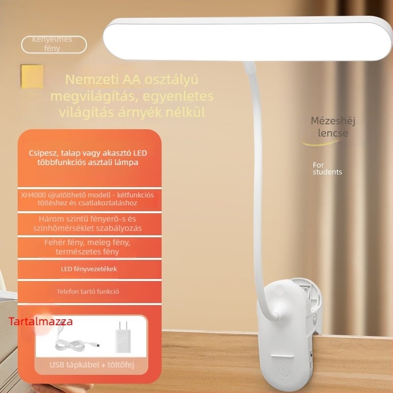 Klip-on LED olvasólámpa éjjeliszekrényhez, szemvédővel, beépített Li-ion akkumulátor, érintéses kapcsoló, 7W