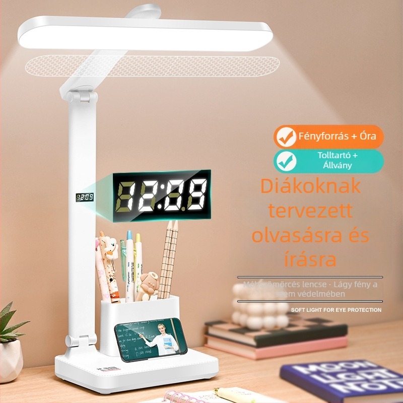 Teljes spektrumú LED asztali lámpa tolltartóval, szemvédővel és órával – tanuláshoz, kollégiumi szobában, olvasáshoz, éjjeliszekrényre