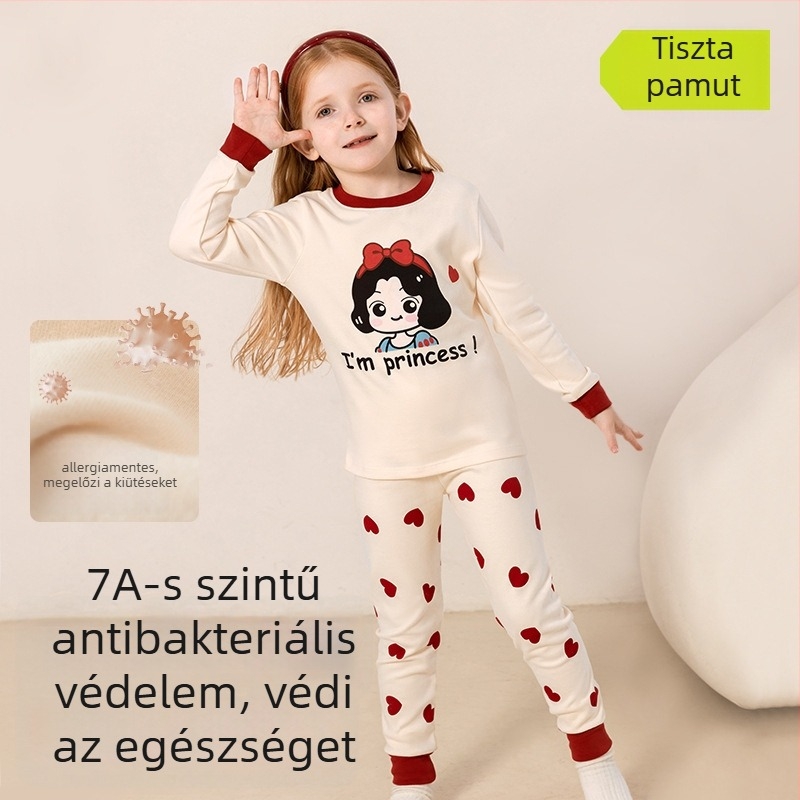 Gyerek pizsamaszett - 95% pamut, 5% spandex, antibakteriális, őszi-téli, uniszex, hercegnő stílus, rajzfilm mintázat