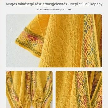 Női etnikus stílusú kötött kapucnis pléd — mű kasmír, warp kötés, színes rácsmintás, egész éves meleg pléd