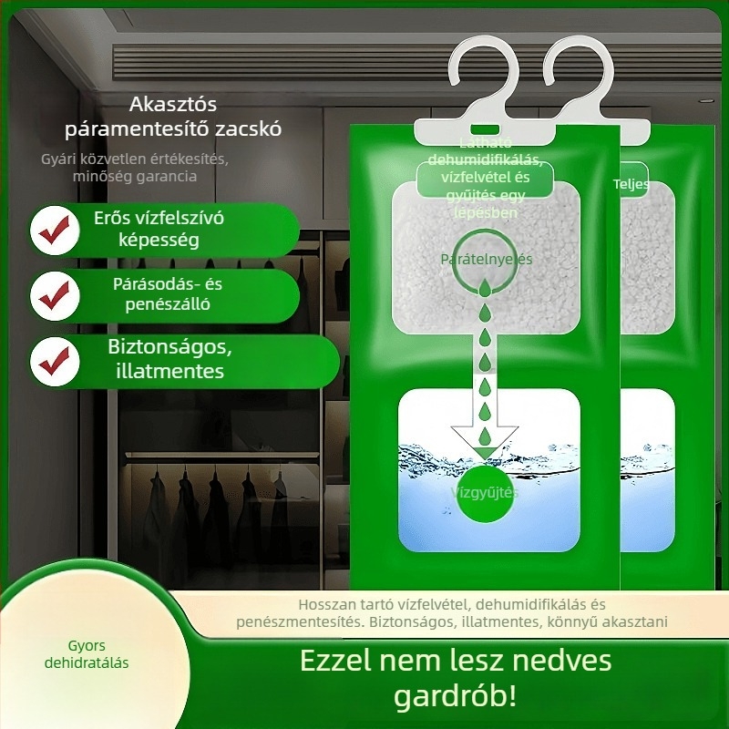 Akasztható nedvesség-abszorber tasak ruhásszekrényhez és közösségi szobába, penész- és nedvesség elleni védelem, modell 27R