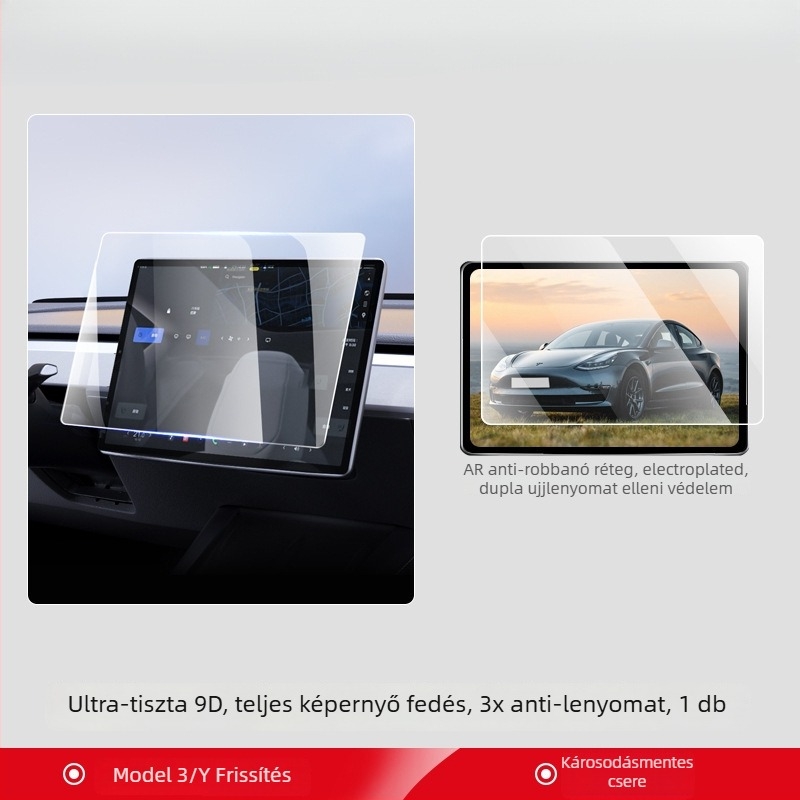 Edzett üveg védelem a Tesla Model 3/Y/YL középső kijelzőjéhez és a hátsó képernyőhöz — 1 év garancia