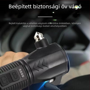 TANJE Többfunkciós menekülő kalapács ablaktörővel, COB fény + 3W LED, újratölthető munkalámpa és vészlámpa, 360° forgás, 800 mAh akkumulátor, hatótáv 200–500 m