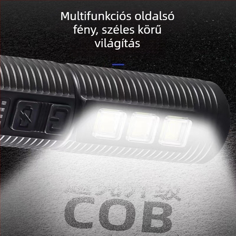 TANJE Többfunkciós menekülő kalapács ablaktörővel, COB fény + 3W LED, újratölthető munkalámpa és vészlámpa, 360° forgás, 800 mAh akkumulátor, hatótáv 200–500 m