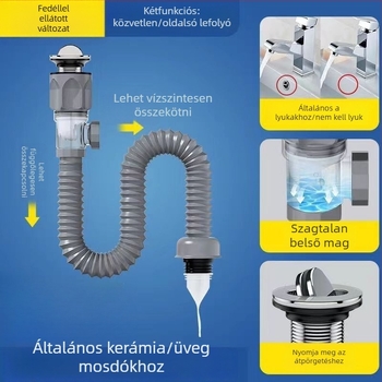 Műanyag mosdólefolyó készlet, S-alakú, kinyitható fedéllel (flip plate), modell vízszintes és függőleges sorok, testreszabható feldolgozás, Long Whale