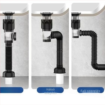 Műanyag mosdólefolyó készlet, S-alakú, kinyitható fedéllel (flip plate), modell vízszintes és függőleges sorok, testreszabható feldolgozás, Long Whale