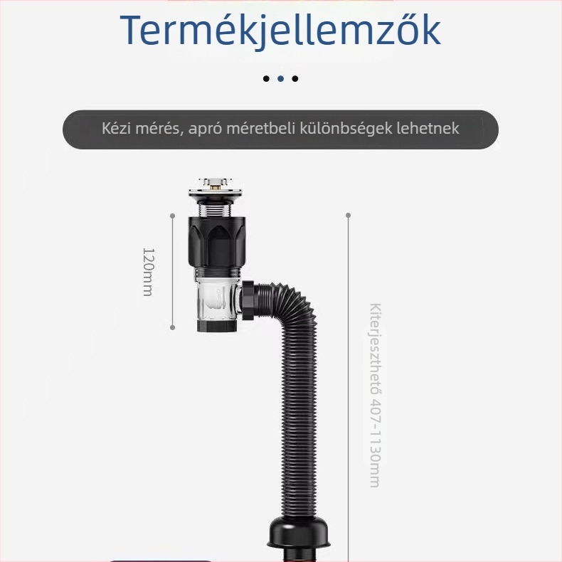 Műanyag mosdólefolyó készlet, S-alakú, kinyitható fedéllel (flip plate), modell vízszintes és függőleges sorok, testreszabható feldolgozás, Long Whale