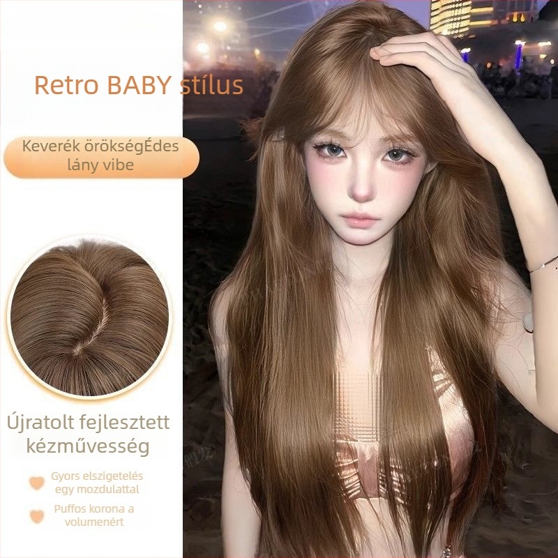 Paróka: hosszú, egyenes haj, egyenes frufli, természetes megjelenés, haj magas hőmérsékletű selyemből, nem festhető