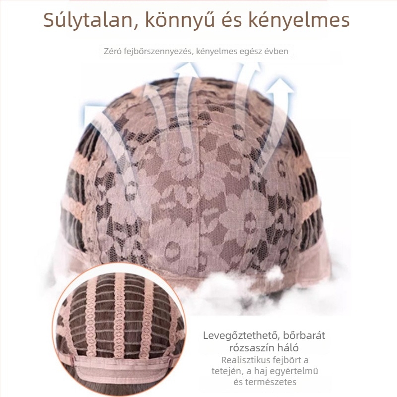 Paróka középhosszú, egyenes hajjal, középső válasszal, teljes fejfedés, természetes megjelenés, hőálló rostok