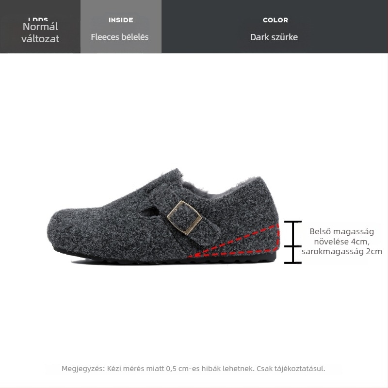 Női Birkenstock-stílusú lapos cipő, belseje gyapjúval bélelt, magasságot növelő talppal, gyapjú felső, gumírozott talp, téli.