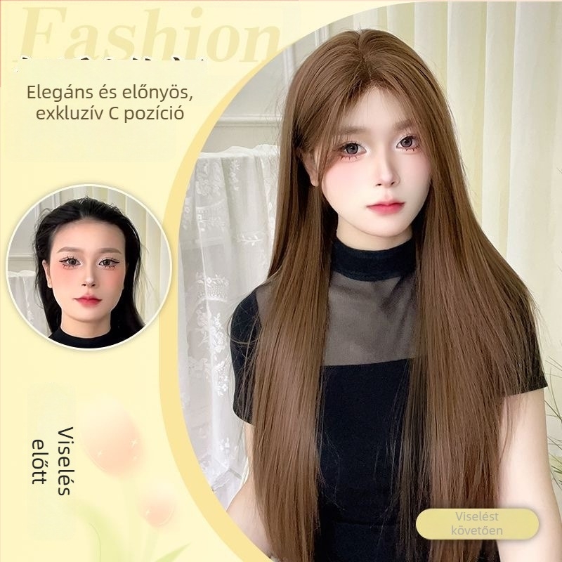 Női paróka - hosszú egyenes haj, magas hőálló szálak, teljes fejfedés, természetes hatás, középen elválasztott frufru