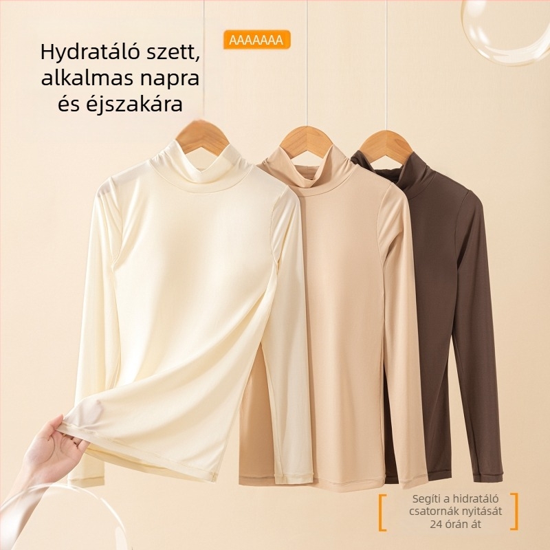 Női nylon felső hialuronsavval, magas rugalmasság, beépített melltartó párnázással, félmagas gallér, vékony anyag, hosszú ujjú