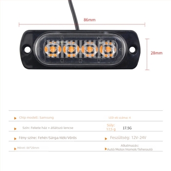 Oldalsó LED figyelmeztető fény autóhoz Bd-4led 12-24V 4W 3030 LED, 5000h, univerzális