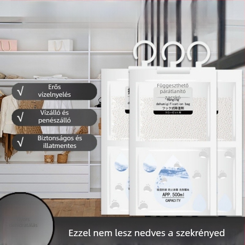 Akasztható nedvesség-abszorpciós tasak beltéri ruhásszekrényekhez és kollégiumi szobákhoz – 80 g, szagtalan, 100 db/csomag