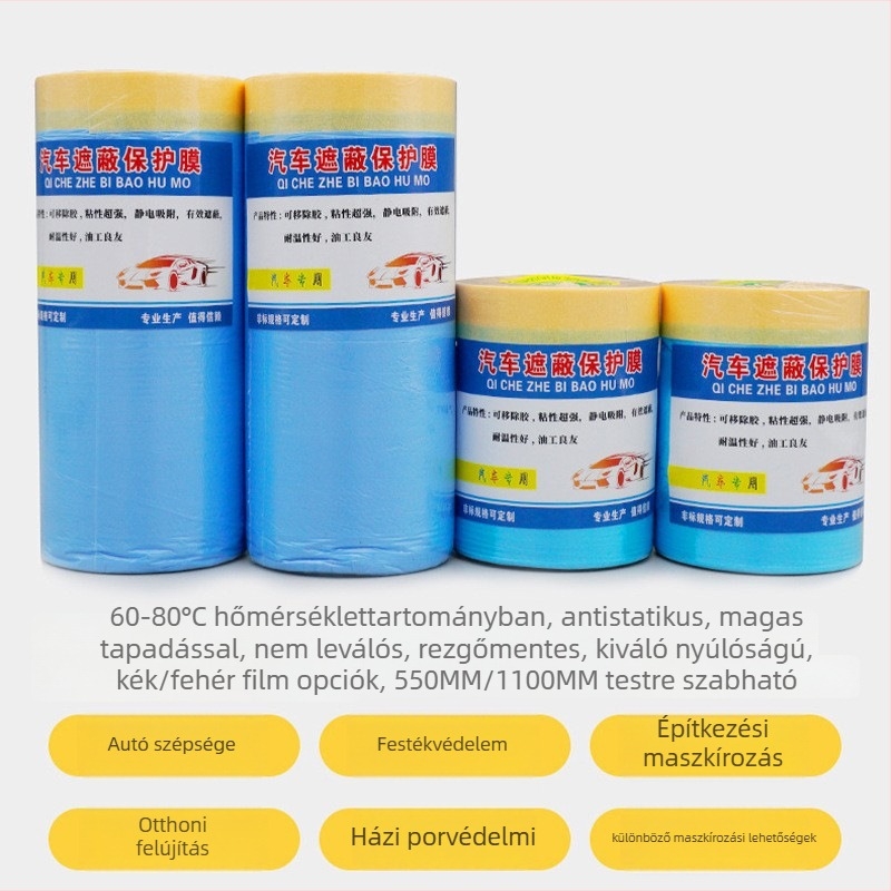 Gépjármű festéséhez maszkoló fólia magas hőmérsékleten, elektrosztatikus tapadás nélküli; papír+PE fólia, vastagság 60–70 μm, texturált papír alap, átlátszóság 80%