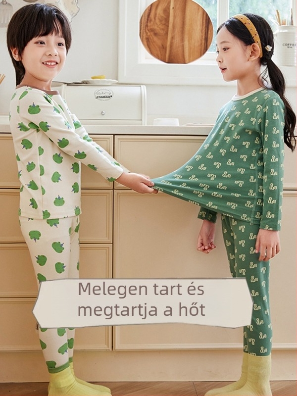 Gyerekek pamut termo alsó-felső készlet téli viseletre — 3–8 éveseknek, 95% pamut, kerek nyakú felső és alsó, minták: állatok, csíkok, rács, mesefigurák