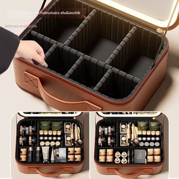 Kozmetikai táska LED világítással és tükrövel, hordozható, nagy kapacitású, levehető elválasztó résszel és cipzáras nyitással