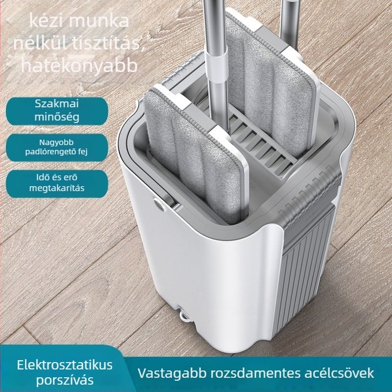 Mop és vödör készlet, lapos fejű mop, teleszkópos nyél 120–140 cm, mikroszálas fej 33×12 cm, rozsdamentes acél rúd