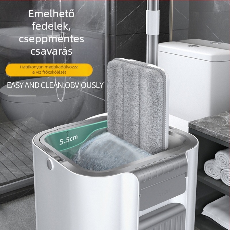 Mop és vödör készlet, lapos fejű mop, teleszkópos nyél 120–140 cm, mikroszálas fej 33×12 cm, rozsdamentes acél rúd