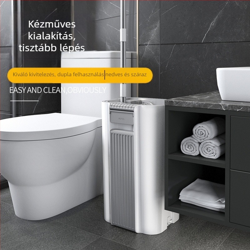 Mop és vödör készlet, lapos fejű mop, teleszkópos nyél 120–140 cm, mikroszálas fej 33×12 cm, rozsdamentes acél rúd