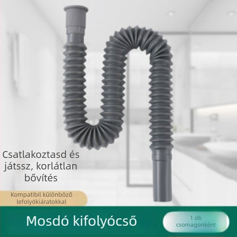 Konyhai mosogató lefolyócső készlet, műanyag, S-alakú, húzó mechanizmus, szagtalanító, kibővített hosszúság