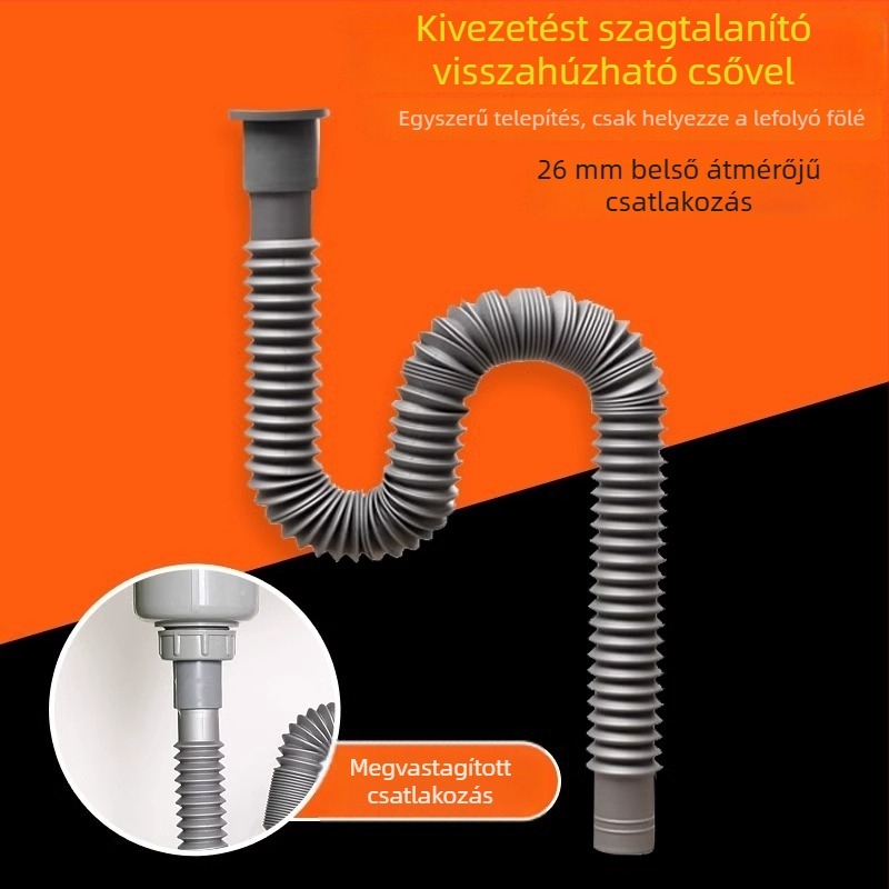 Konyhai mosogató lefolyócső készlet, műanyag, S-alakú, húzó mechanizmus, szagtalanító, kibővített hosszúság
