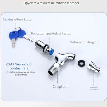 Fali mosógép csaptele zárható, gyorsnyitású hideg víz, 13 mm bemenet/kimenet, kerámia patron, test cink ötvözet, elektroplattált felület