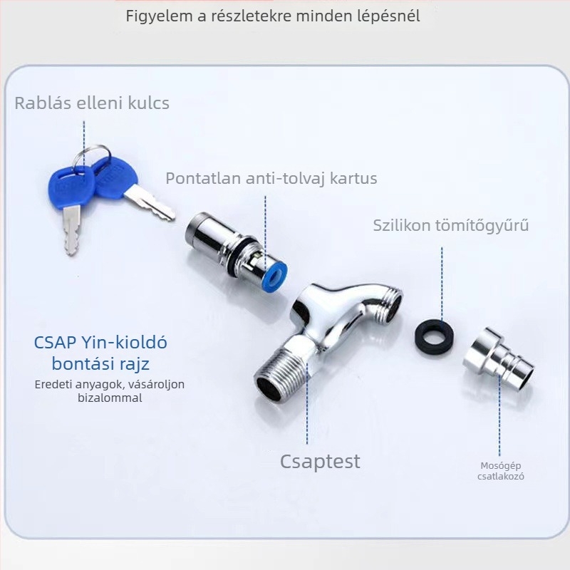 Fali mosógép csaptele zárható, gyorsnyitású hideg víz, 13 mm bemenet/kimenet, kerámia patron, test cink ötvözet, elektroplattált felület