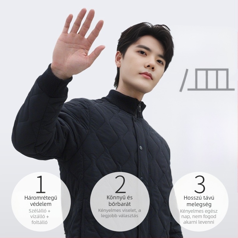 Gyapjútöltésű kardigán-kabát, vastag meleg; poliészter-elasztán anyag; csíkos/kockás mintázat; álló gallér; hosszú ujjak