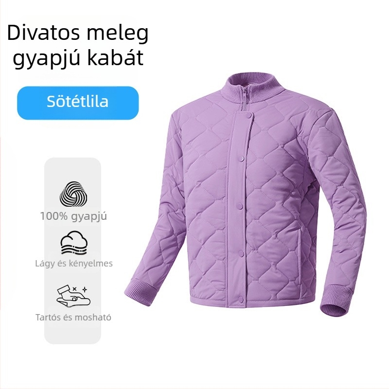 Gyapjútöltésű kardigán-kabát, vastag meleg; poliészter-elasztán anyag; csíkos/kockás mintázat; álló gallér; hosszú ujjak