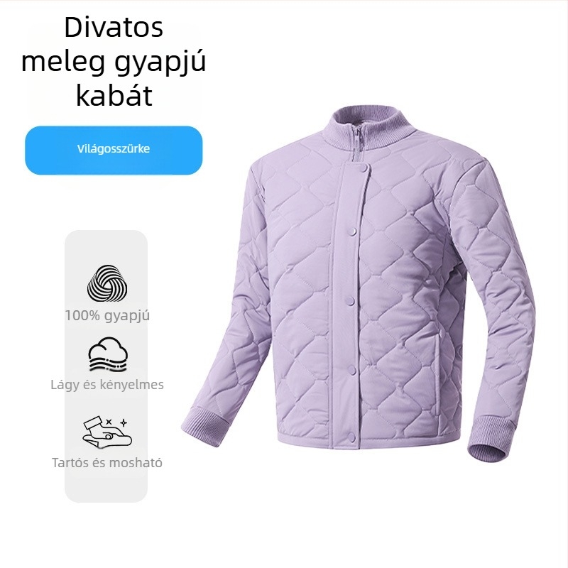 Gyapjútöltésű kardigán-kabát, vastag meleg; poliészter-elasztán anyag; csíkos/kockás mintázat; álló gallér; hosszú ujjak