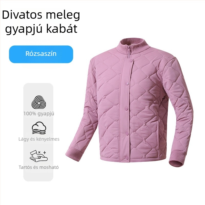 Gyapjútöltésű kardigán-kabát, vastag meleg; poliészter-elasztán anyag; csíkos/kockás mintázat; álló gallér; hosszú ujjak