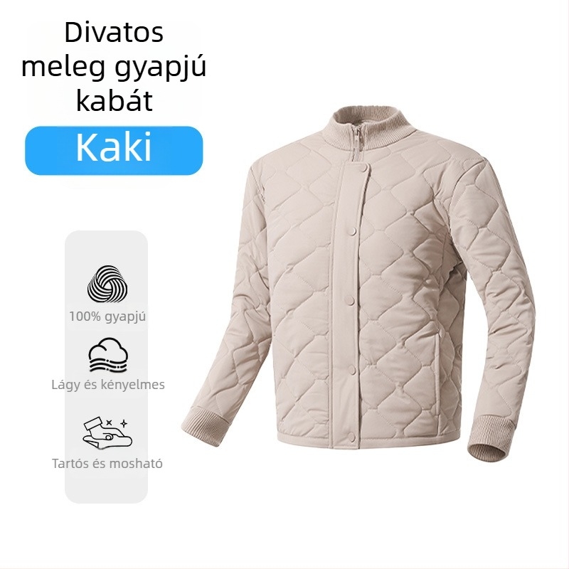 Gyapjútöltésű kardigán-kabát, vastag meleg; poliészter-elasztán anyag; csíkos/kockás mintázat; álló gallér; hosszú ujjak