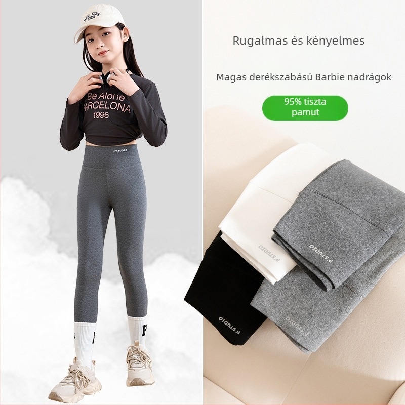 Lányok pamut leggings, magas derekú, elasztikus, vékony, tavasz–nyárra, 8 év feletti gyermekeknek