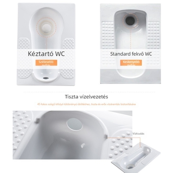 Műanyag guggoló WC tál, víztartály nélkül, vízzár nélkül, minimális üzemeltetési távolság 60 cm, kifolyócső átmérője 100 cm